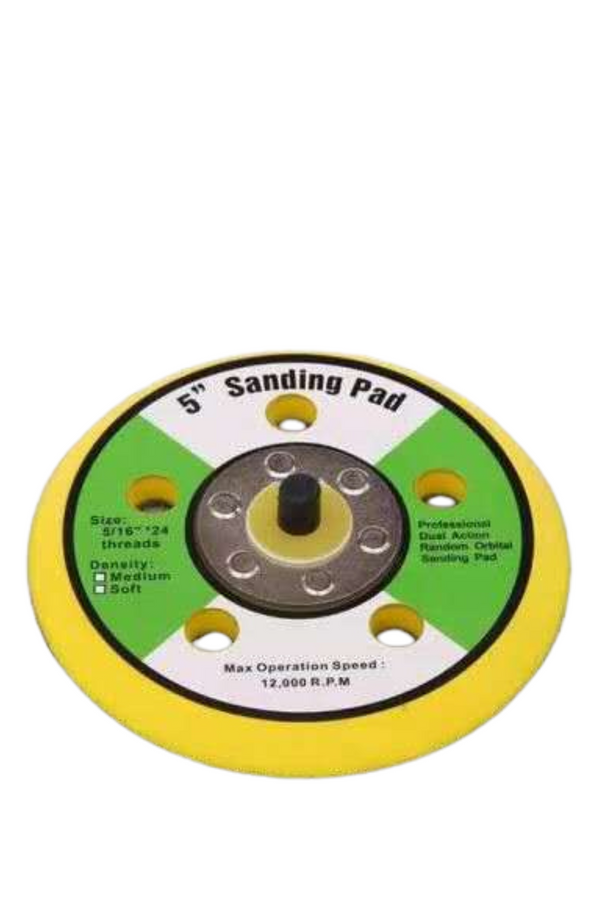 R&H Mangrove Yellow-Foam Professional Dual Action Random Orbital Sanding Velcro Backing Plate 125mm with 10mm PU Thickness. 5" x5/16" x24 Thread. 6 Holes.